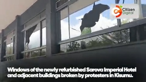 Windows of the newly refurbished Sarova Imperial Hotel and adjacent buildings broken by protesters in Kisumu #Maandamano