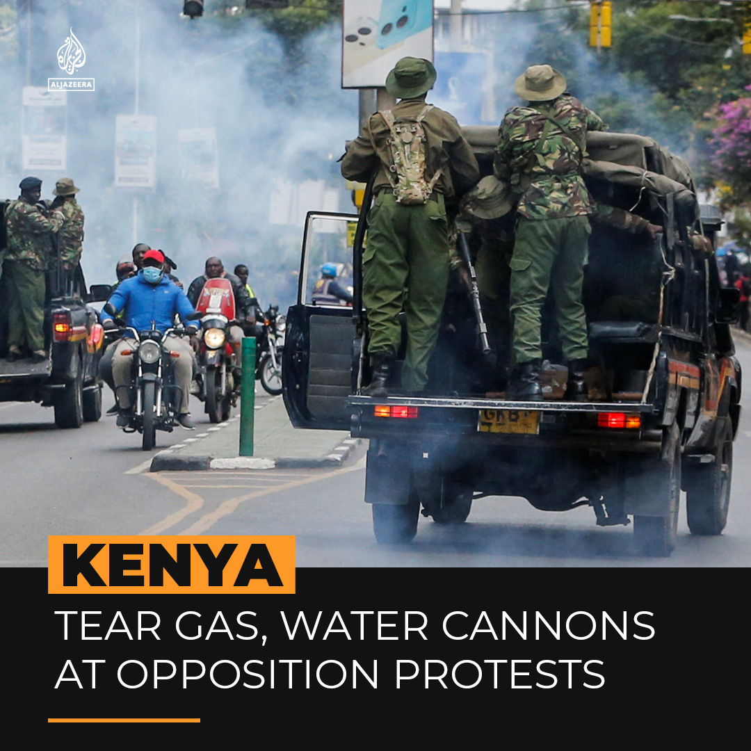 Kenyan police fired tear gas and water cannons to disperse protesters in Nairobi after opposition leader Raila Odinga called for protests against the rising costs of living and what he calls the "stolen" election he lost in 2022 ⤵️