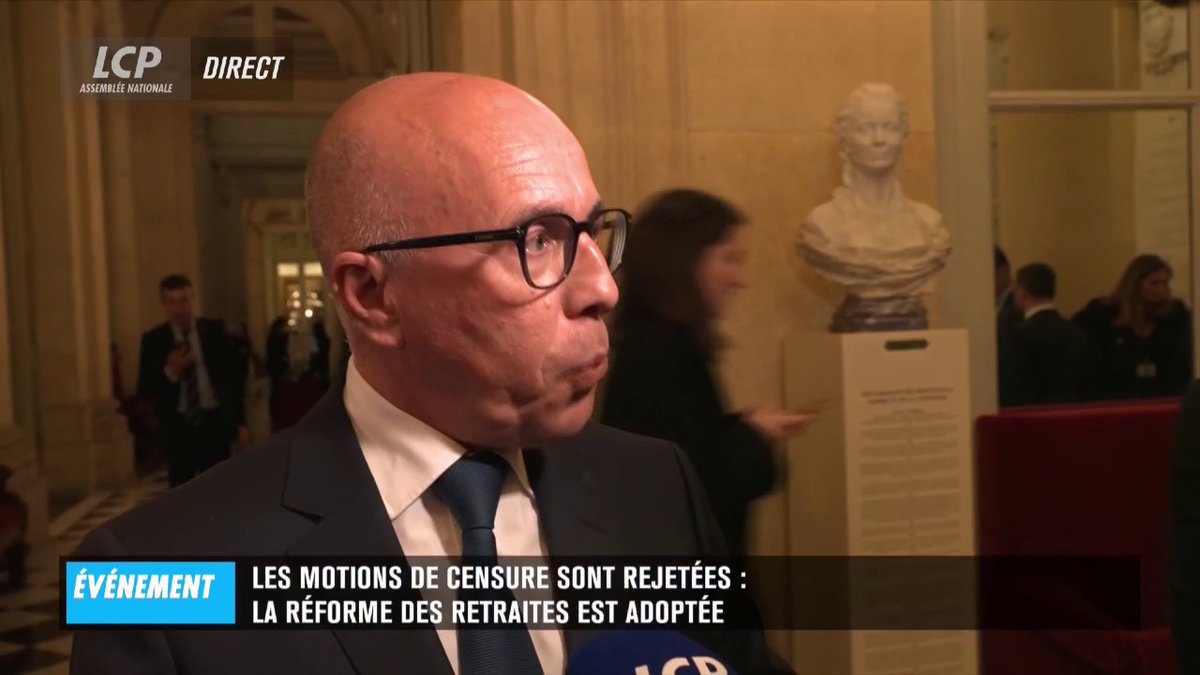 "Dans un esprit de cohérence, notre famille politique a refusé de s'associer à un chaos inévitable si cette motion avait été adoptée", affirme @ECiotti. "La censure n'a pas été approuvée par une large majorité des LR", ajoute-t-il. 19 élus LR sur 61 ont voté la motion. #DirectAN