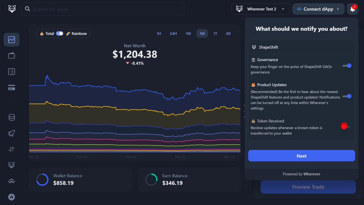 If you have a ShapeShift native wallet, you can opt-in to Wherever notifications directly within our app! It takes less than 30 secs to set up and get notifications sent directly to your multi-chain wallet. 🌈 👇