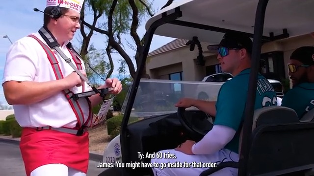 Can we get 150 burgers to-go, please? We sent Ty, Cal, J.P. and Bryce to pick up In-N-Out in a golf cart... here’s how it went 🍔🍟
