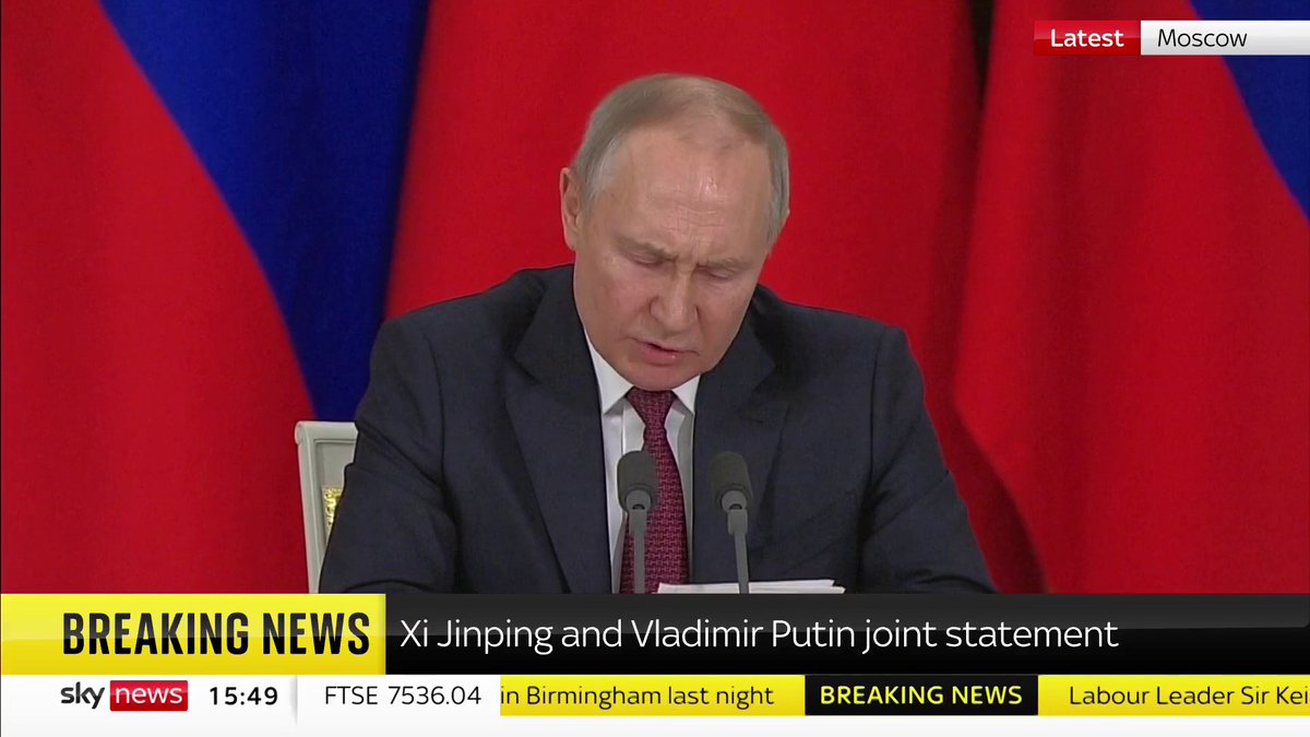 Russian President Vladimir Putin comments on the UK supplying depleted uranium ammunition to Kyiv's forces, saying "we will have to react to this". More on the joint statement by Putin and Xi Jinping: 📺 Sky 501, Virgin 602, Freeview 233 and YouTube
