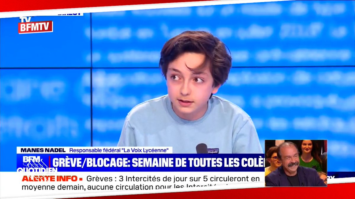Manes Nadel, 16 ans, responsable du premier syndicat lycéen, va-t-il suivre les traces de Philippe Martinez ? « Il est doué, c'est impressionnant quelqu'un d'aussi jeune qui maitrise si bien... Il m'inspire » déclare le secrétaire général de la CGT chez #Quotidien