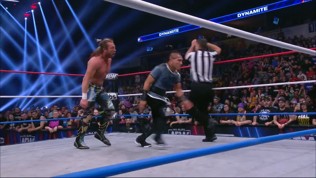 Vikingo 630 through the table on Kenny Omega😱 (via All Elite Wrestling)