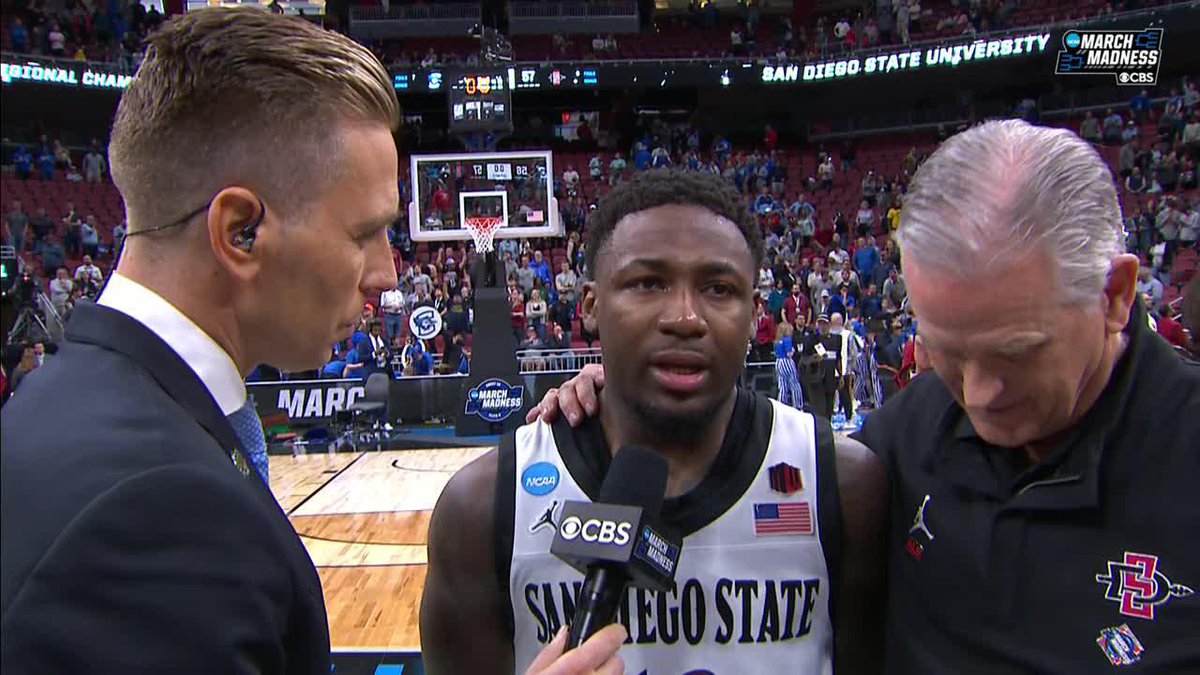 "I have been dreaming of this moment my whole life. I'm just grateful to be here. I appreciate everyone for believing in me. I'm just super excited right now, I can't even put this into words." San Diego State Men's Basketball's Darrion Trammell joins Evan Washburn after the win ⬇️.