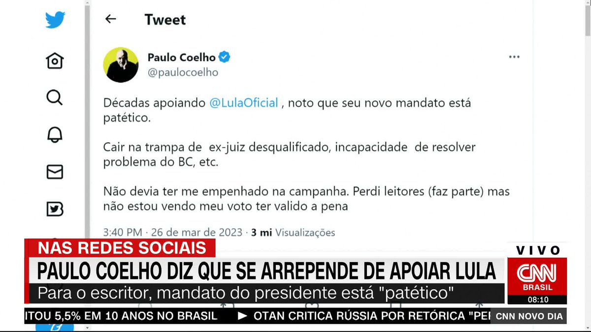 Apoiador do presidente da República, Luiz Inácio Lula da Silva (PT), o escritor Paulo Coelho disse neste domingo (26) que se arrepende de ter se empenhado na campanha do petista em 2022 e afirmou que seu mandato à frente do governo federal está “patético” #CNNNovoDia