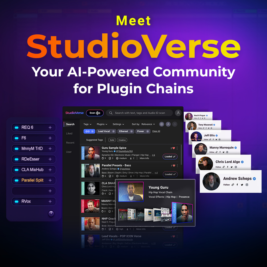 Introducing StudioVerse - Break the knowledge barrier in mixing 💡👥🎚️ Connect to a massive community for mixing chains, created by hundreds of top producers and engineers, and delivered by musically-trained AI to your DAW. 🧐 LEARN MORE: