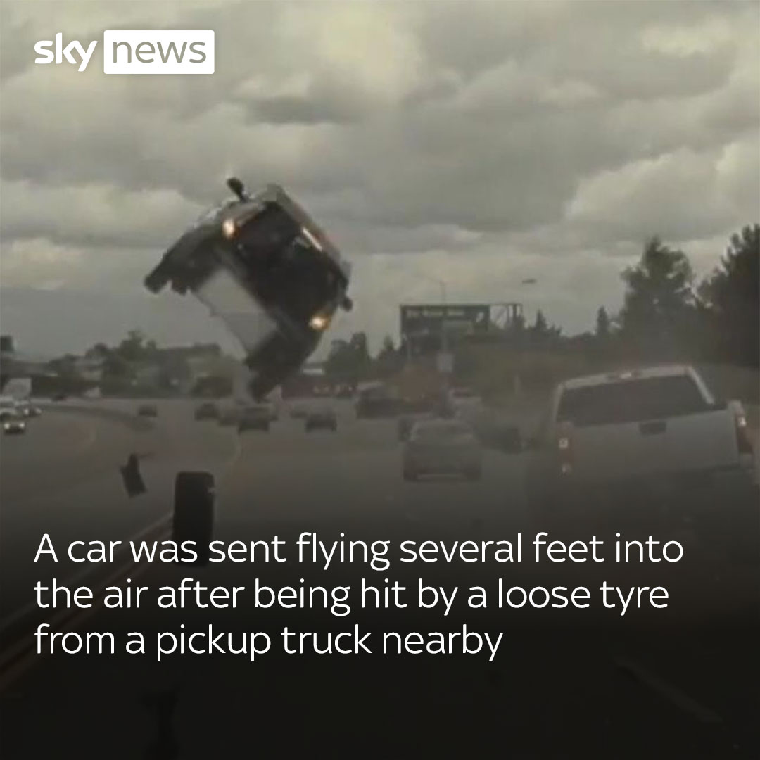 A loose tyre shoots off a truck and sends a car flying into the air in Los Angeles. The Los Angeles Police Department said there were no major injuries following the incident. Latest: