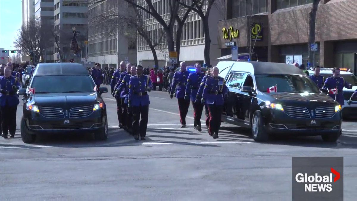 Thousands of police officers and first responders marched in the regimental funeral procession for Const. Travis Jordan and Const. Brett Ryan as it left the Alberta legislature and made its way through the streets of downtown Edmonton. #yeg READ MORE: