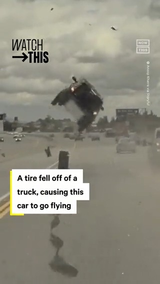 In one of the gnarliest car accidents you’ll ever see, a car was sent flipping several feet in the air after being hit with a tire that had come loose from an adjacent truck on the road. Miraculously, no one was seriously injured in the incident.