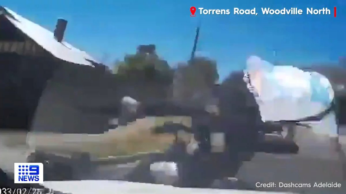 Heartstopping vision has emerged of the moment a motorbike rider is hit by a turning car. The rider was flung from the bike on Torrens Road at Woodville North, which he says left him with 14 broken bones and a punctured lung. #9News