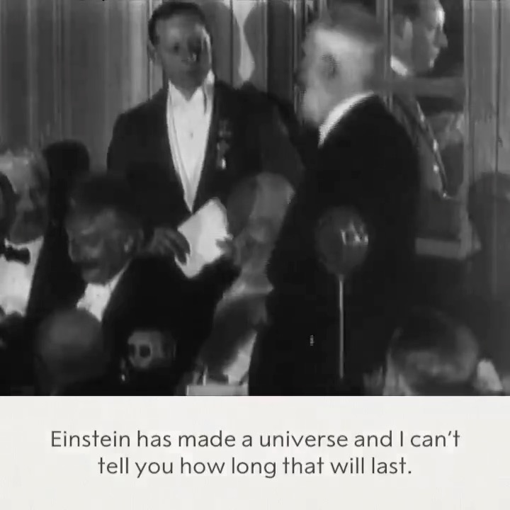 “Einstein has made a universe and I can’t tell you how long that will last.” Literature laureate Bernard Shaw pays tribute to physics laureate Albert Einstein at the Savoy Hotel in London, England on 27 October 1930.