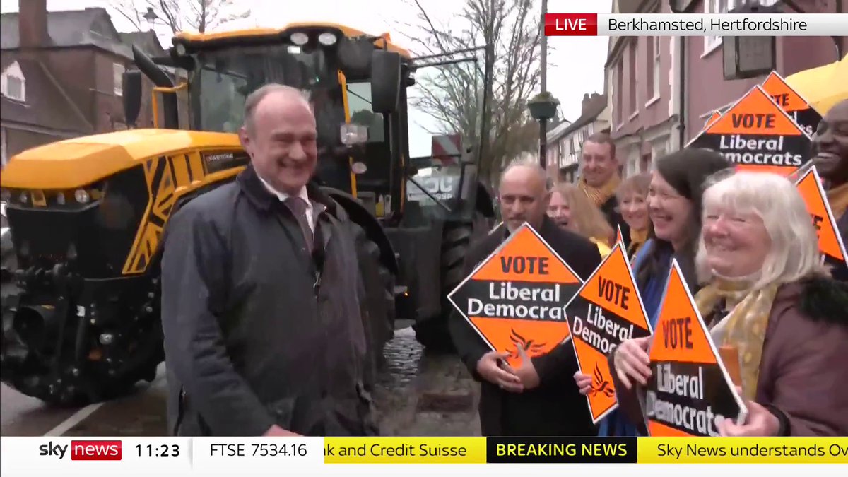 BREAKING: The leader of the Liberal Democrats, Sir Ed Davey, arrives in Berkhamsted in Hertfordshire in a large yellow tractor to launch his party's local election campaign. Politics live: 📺 Sky 501, Virgin 602, Freeview 233 and YouTube