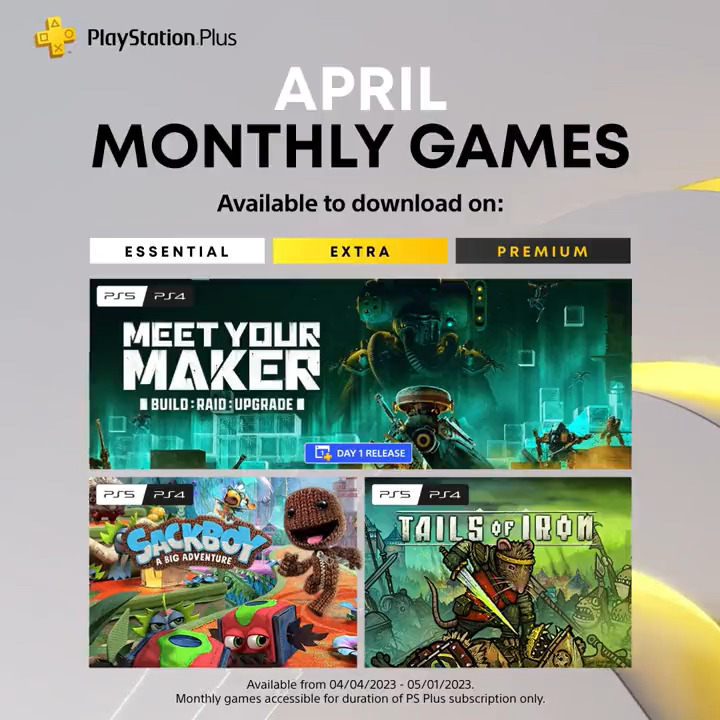 PlayStation Plus Monthly Games for April are: ➕ Meet Your Maker ➕ Sackboy: A Big Adventure ➕ Tails of Iron Full details: