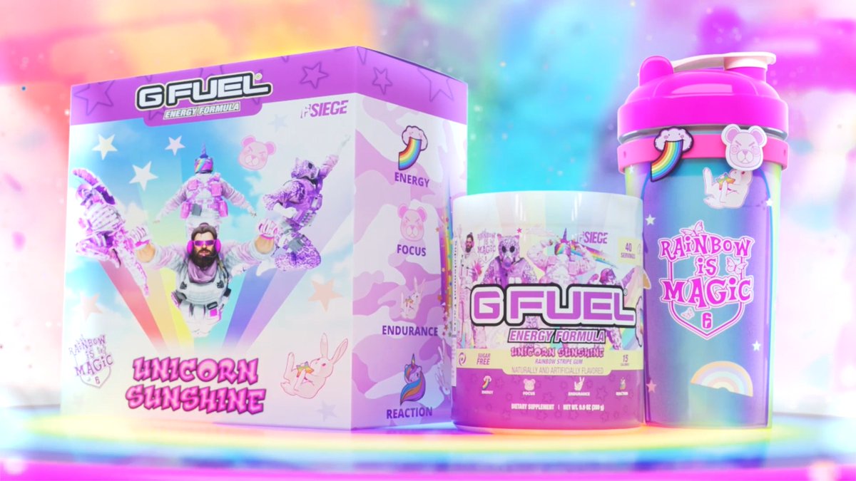 🦄 EVERYONE! In honor of Rainbow Six Siege's #RainbowIsMagic Event, we've launched this MAGNIFICENT, LIMITED-EDITION, Rainbow Stripe Gum #GFUEL "UNICORN SUNSHINE" Collection! 🌈 💕 𝗟𝗜𝗞𝗘 + 𝗥𝗧 to win a Box! 2 winners picked this weekend! 🛍️ 𝗦𝗛𝗢𝗣: