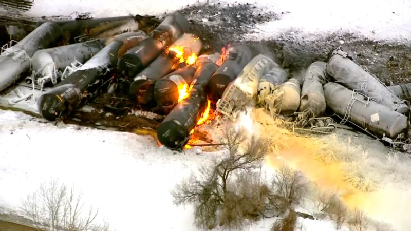A train hauling ethanol derailed in Raymond, Minnesota, igniting several rail cars and forcing nearby residents to evacuate, officials said.