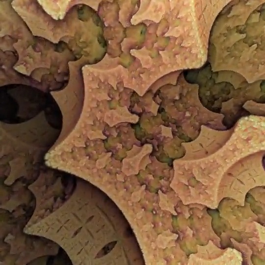 for(float i,g,e,s,a;i++<50.;){vec3 c,p=vec3((FC.xy*2.-r)/r.y*g,g);mat2 m=rotate2D(t*.2);p.xz*=m;p.yz*=m;p.z+=t/PI;p++;a=s=9.;for(int j;j++<16;p/=e)p=mod(--p,2.)-1.,p.yz*=rotate2D(PI/4.),a=min(a,length(p)),s/=e=dot(p,p)*.5;g+=e=1./s;o+=.01/exp(e*1e3+g)*(2.+sin(vec4(1,4,6,9)*a));}