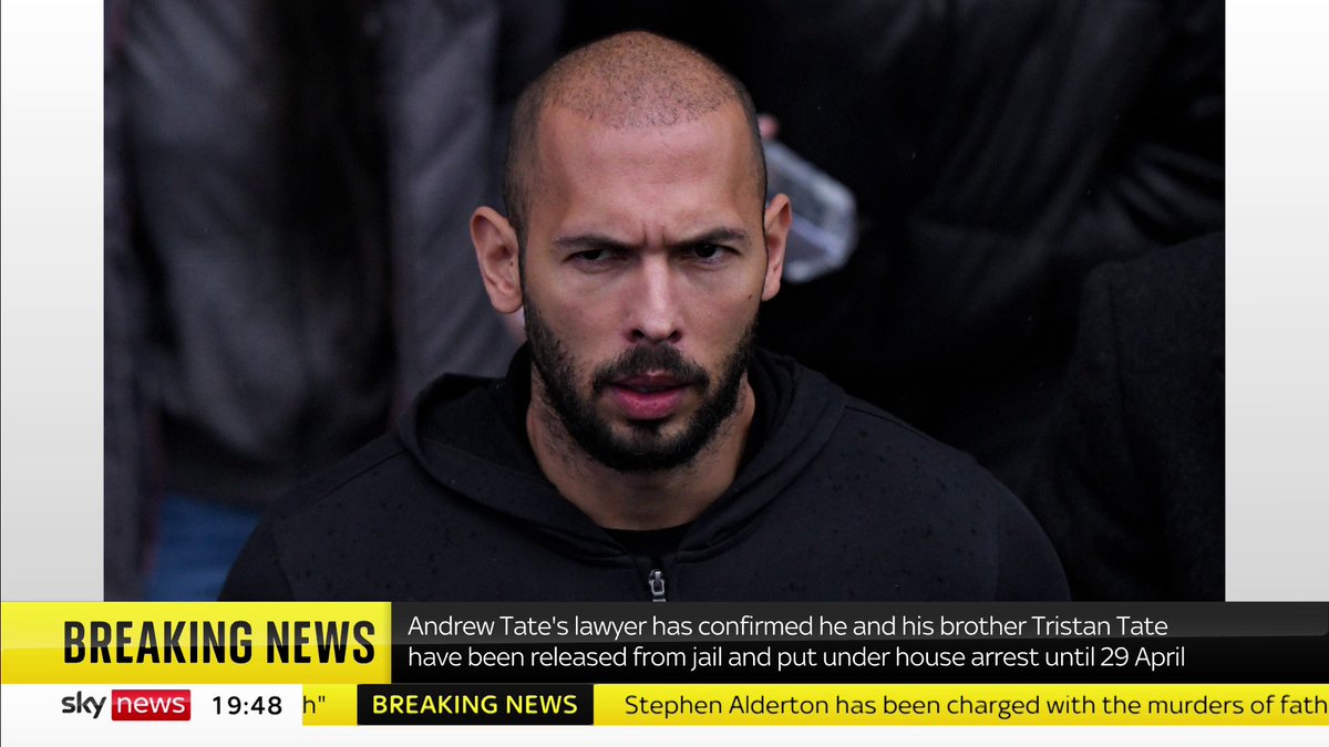 BREAKING: Andrew Tate and his brother Tristan released from jail and put under house arrest, spokesperson says Read more here: 📺 Sky 501, Virgin 602, Freeview 233 and YouTube