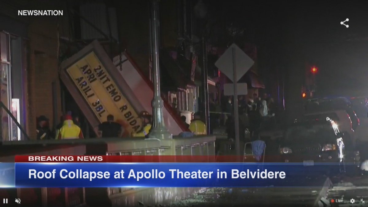 Multiple people have been injured after the roof collapsed at the Apollo Theater in Belvidere, Illinois, during a severe weather outbreak Friday evening.