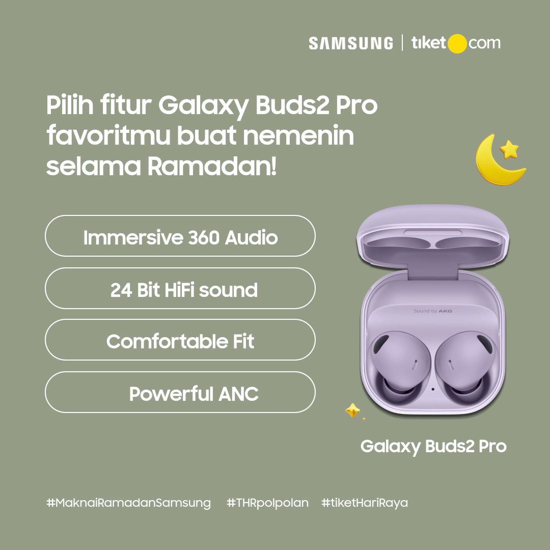 #THRpolpolan belasan juta buat kamu! 📢 Yuk #MaknaiRamadanSamsung dengan #GalaxyBuds2Pro &amp; sebutkan bisa bikin se-Ramadan apa kamu pake fitur itu. Reply yg banyak &amp; dapatkan 1 unit #GalaxyBuds2, Voucher tiket.com dan charger! Ditunggu sampai 7 Apr ya!