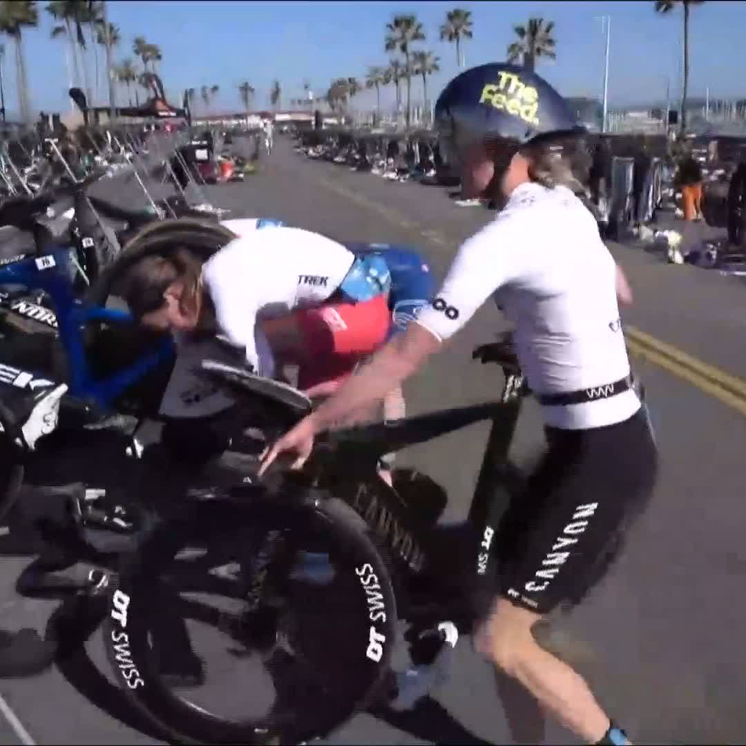 Incredible transition faceoff with Kat and Holly! Catch the race action live for free on #IM703Oceanside | #IRONMANtri | #AnythingIsPossible