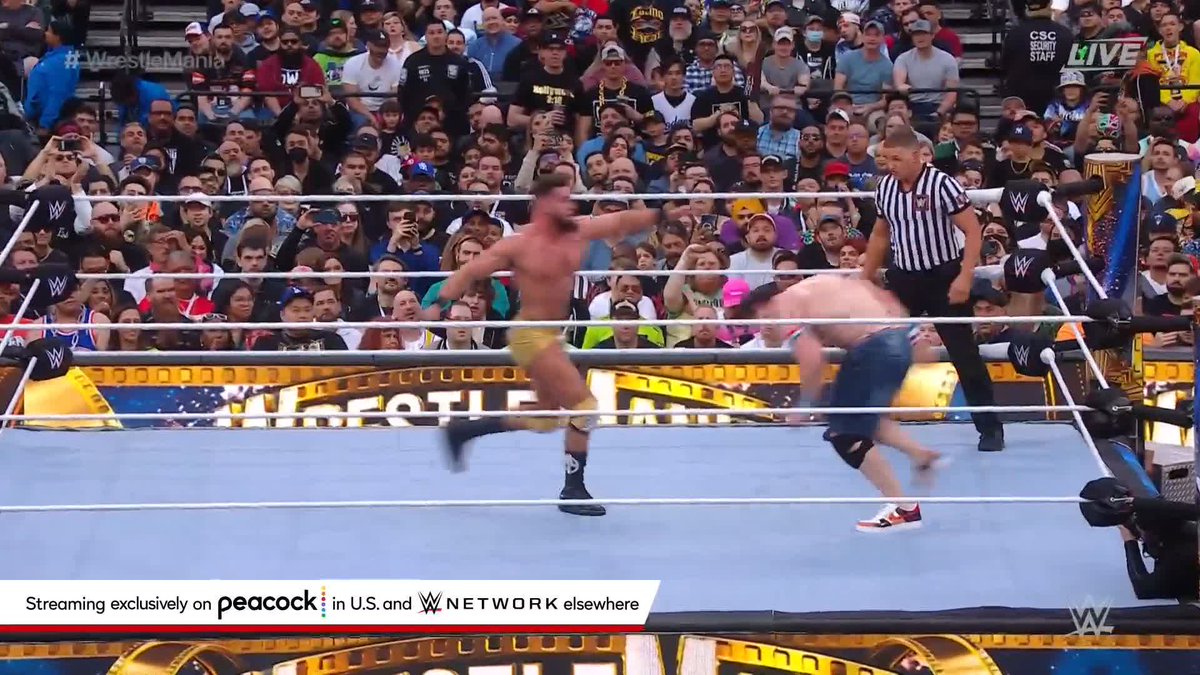 Vintage John Cena submits #USChampion Austin Theory at #WrestleMania ... but the referee didn't see it!