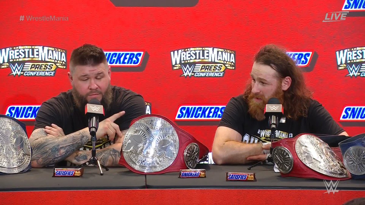 Undisputed WWE Tag Team Champions Kevin &amp; Sami Zayn take a moment to give The Usos props as a tag team and also pay a special tribute to another tag team. ❤️ #WrestleMania