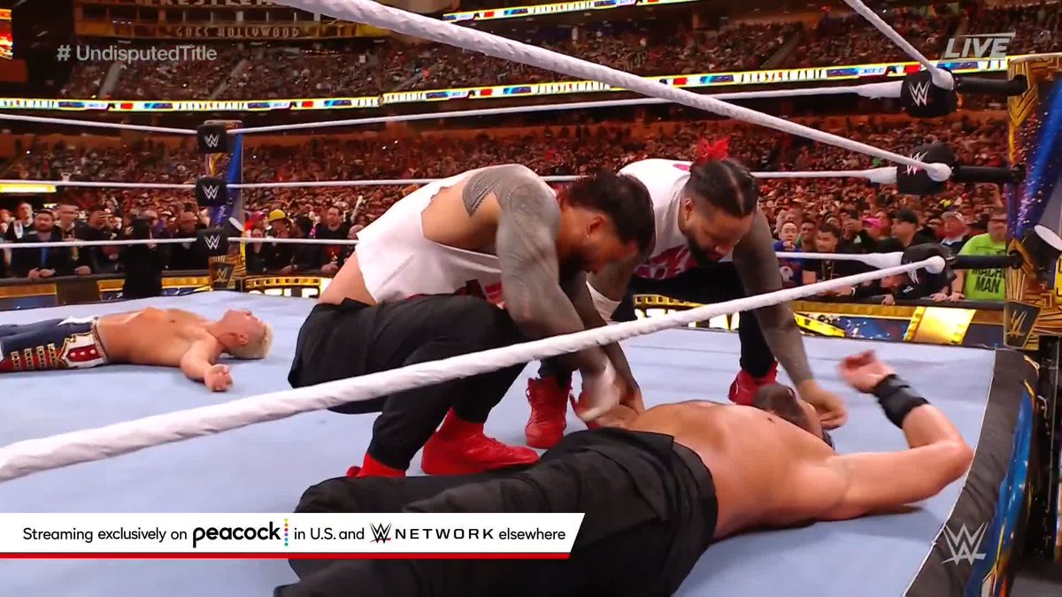 NOT SO FAST!!! @FightOwensFIght & Sami Zayn have arrived to counter The Usos at #WrestleMania!