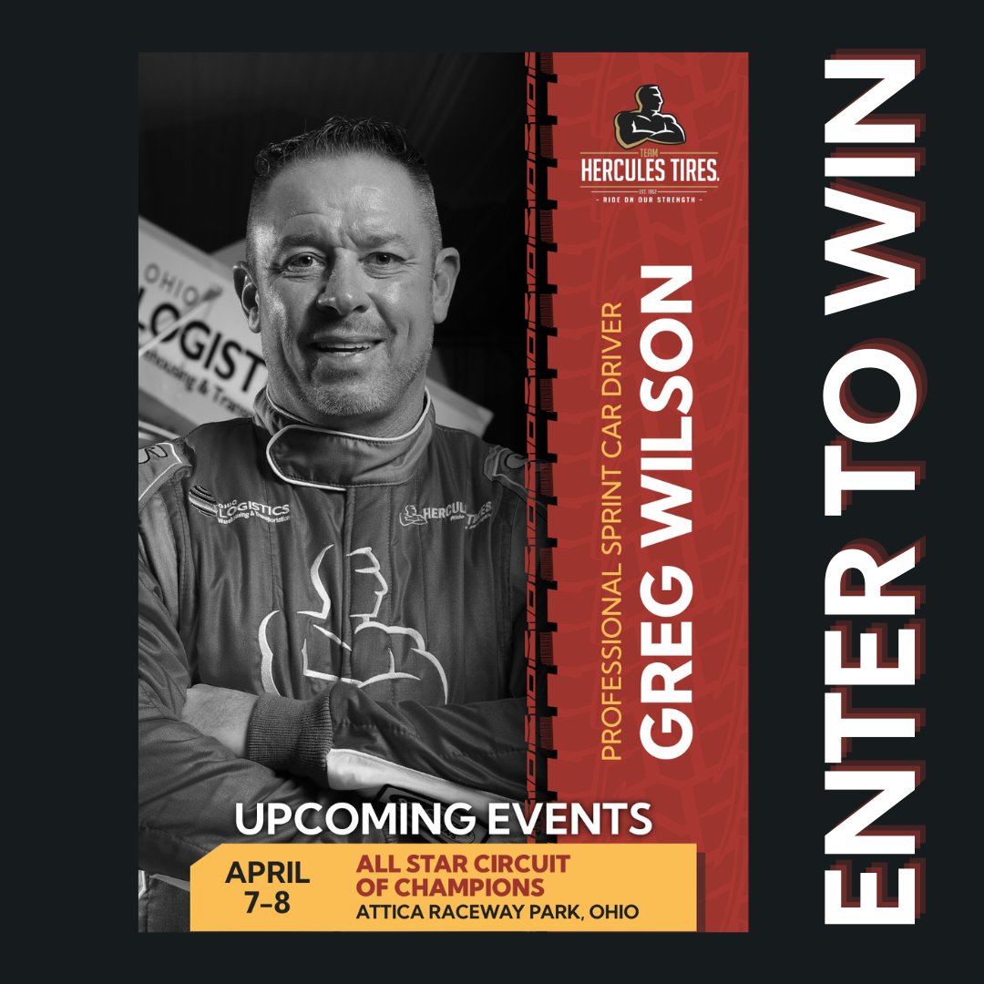 We’ve partnered with Pro Sprint Car Driver Greg Wilson for a lucky winner + a friend to attend the @ASCoC THIS Fri OR Sat. PLUS, winner will receive #HerculesTires merch. ENTER TO WIN: - LIKE this tweet - REPLY with you’d like to join you - FOLLOW US and Greg Wilson