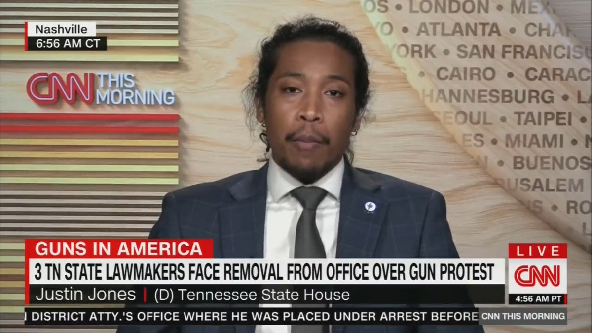 TN State Rep. Rep. Justin Jones says "it's morally insane" that he and two Dem colleagues are facing expulsion over gun violence protests. "It's very concerning and it represents a clear and present danger to democracy all across this nation that should trouble us all."