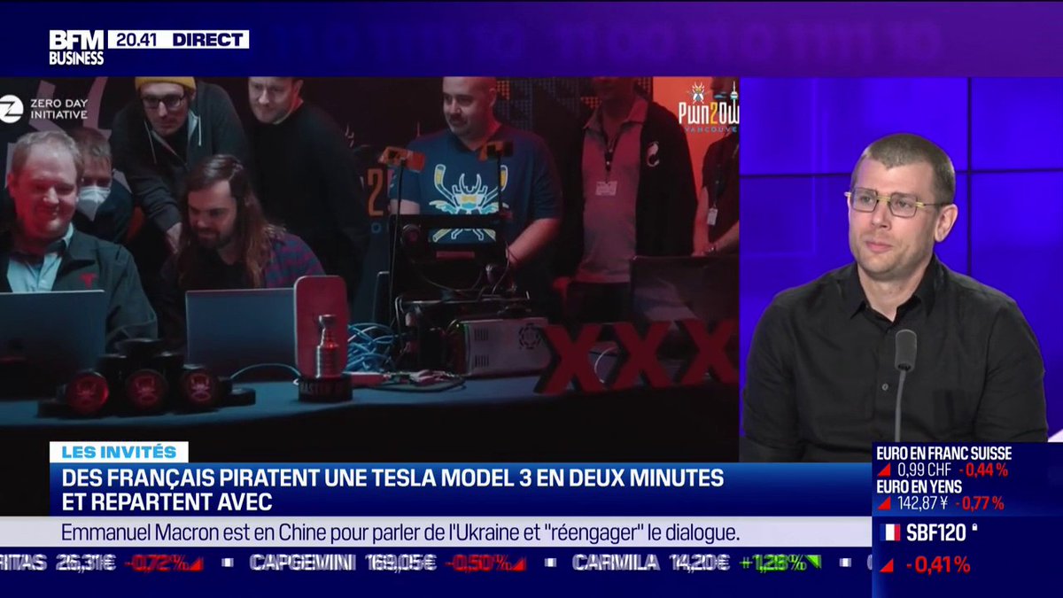 Pirater une Tesla model 3 en 2 minutes et repartir avec, l'exploit de Eloi Benoist-Vanderbeken et David Berard de Synacktiv 🗨️"Le concours est annoncé environ 3 mois avant l'événement. Et on va avoir la liste des cibles qui font partie de l'événement notamment la Tesla" 🎙️ David Berard