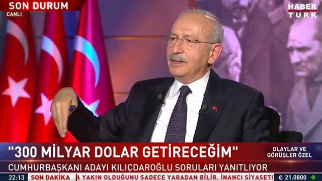 #OlaylarveGörüşlerÖzel'de Kemal Kılıçdaroğlu: "100 bin öğretmen ataması yapacağız. Köylerde okul açacağız. 300 milyar dolar temiz para getireceğim bu ülkeye. IMF'den para almayacağım. Yani iktidar olduğumuzda halkımız için neyi yapacağımızı çok iyi biliyoruz."
