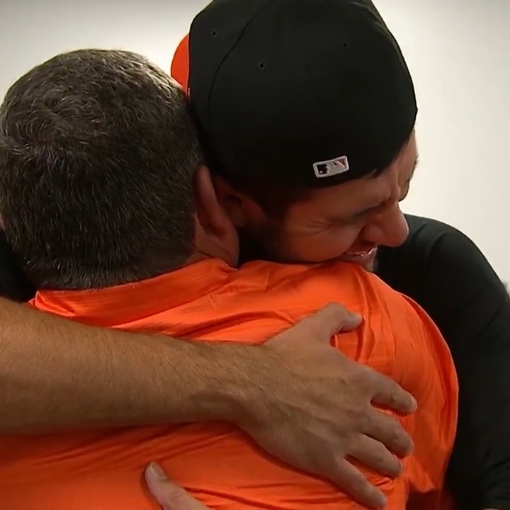 A dream realized. Grayson Rodriguez embraces his dad, Gilbert, after making his big league debut in his home state.