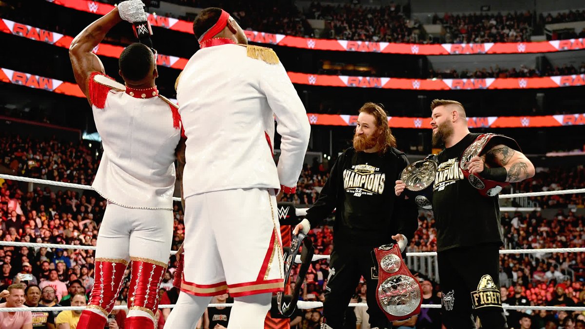 All victorious at #WrestleMania, 𝕂𝕚𝕟𝕘 𝕋𝕖𝕫 &amp; Angelo Dawkins and Undisputed WWE Tag Team Champions Kevin &amp; Sami Zayn agree to throw down. #WWERaw