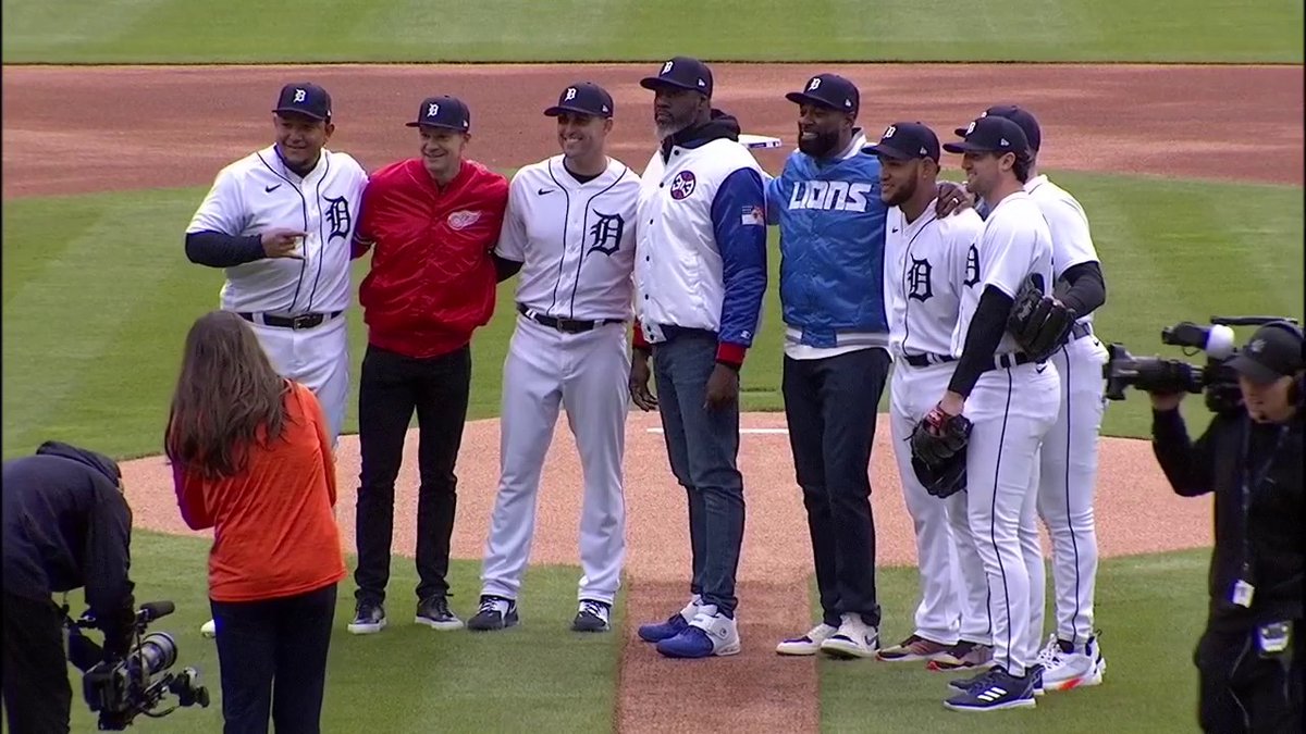 Detroit sports icons Ben Wallace, Calvin Johnson and Nicklas Lidstrom called Miguel Cabrera out of the dugout to join them in throwing the ceremonial first pitch