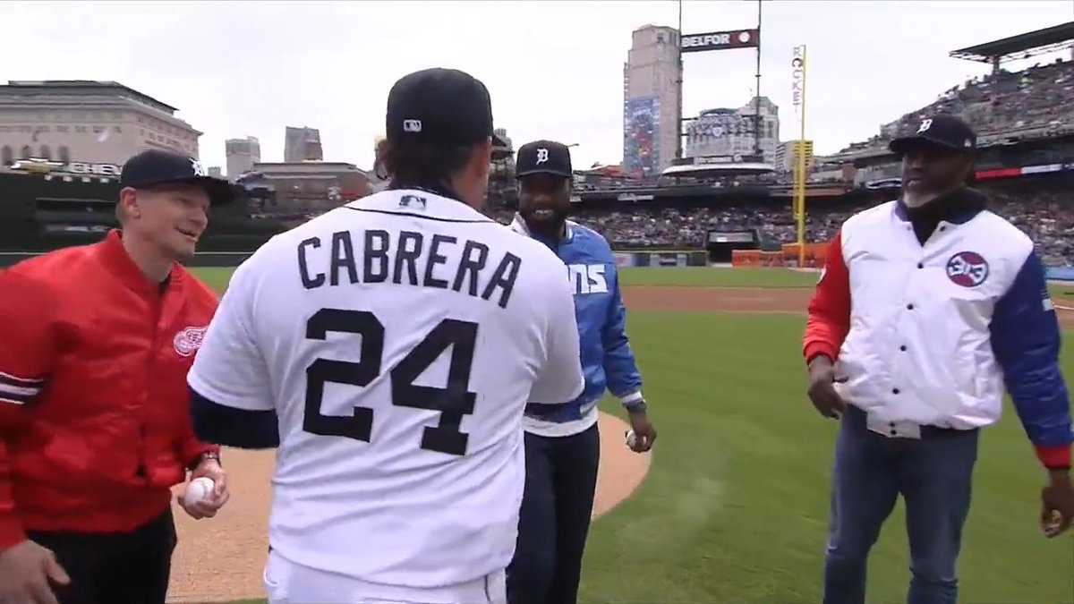 Three Detroit sports legends and room for one more. Nicklas Lidström, Calvin Johnson Jr. and Ben Wallace invited Miguel Cabrera to join them in throwing out today's first pitch.