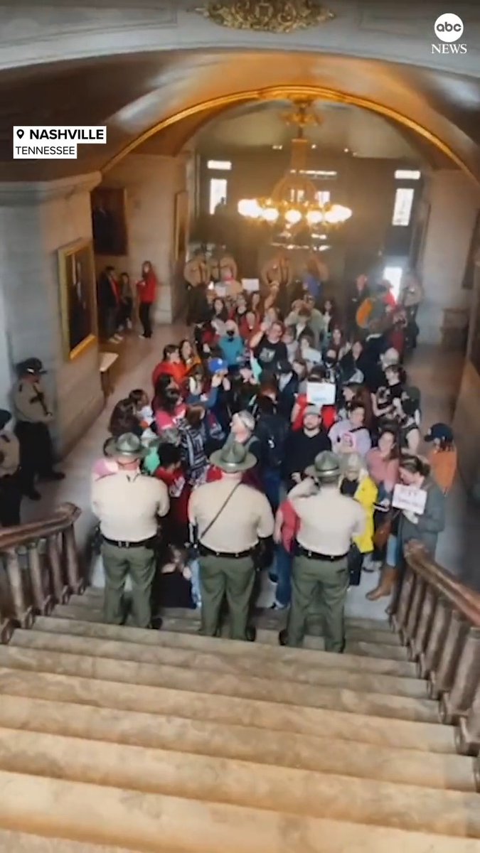 "Let us in!" State troopers block demonstrators gathered in the Tennessee State Capitol protesting the expulsion vote of three Democratic representatives over gun violence protest.