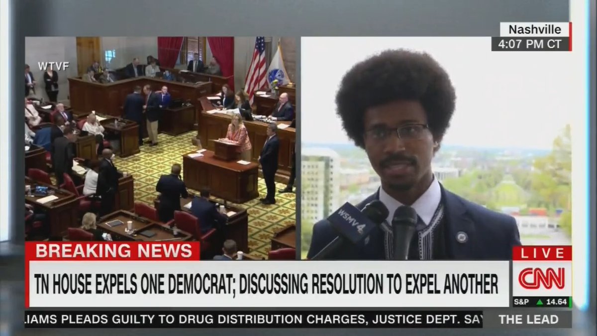 TN State Rep. Justin J. Pearson (D) ahead of House vote to expel him for protesting gun violence: “It is no coincidence that the two youngest Black lawmakers in the state of Tennessee, and one of two women, are on trial today ... This is what happens when you lose democracy.”