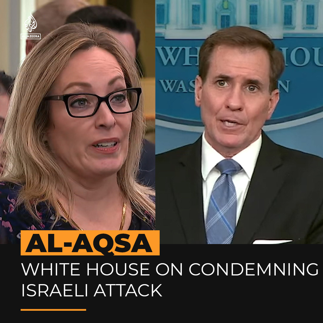 "This isn't an all-sides situation." Al Jazeera’s Kimberly Halkett questions a White House spokesman on why the US hasn't directly condemned Israel after security forces attacked Muslim worshippers in the Al-Aqsa Mosque during Ramadan ⤵️