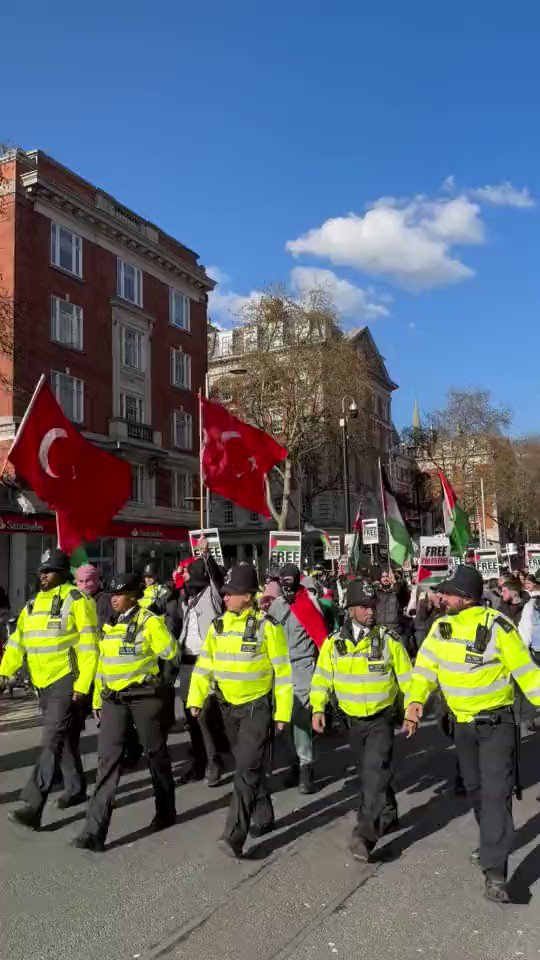 Protesters in London marched today in front of the Israeli occupation's embassy to demonstrate in solidarity with Palestinians after Israeli occupation forces violently attacked worshipers at Al-Aqsa Mosque in occupied Jerusalem this week.