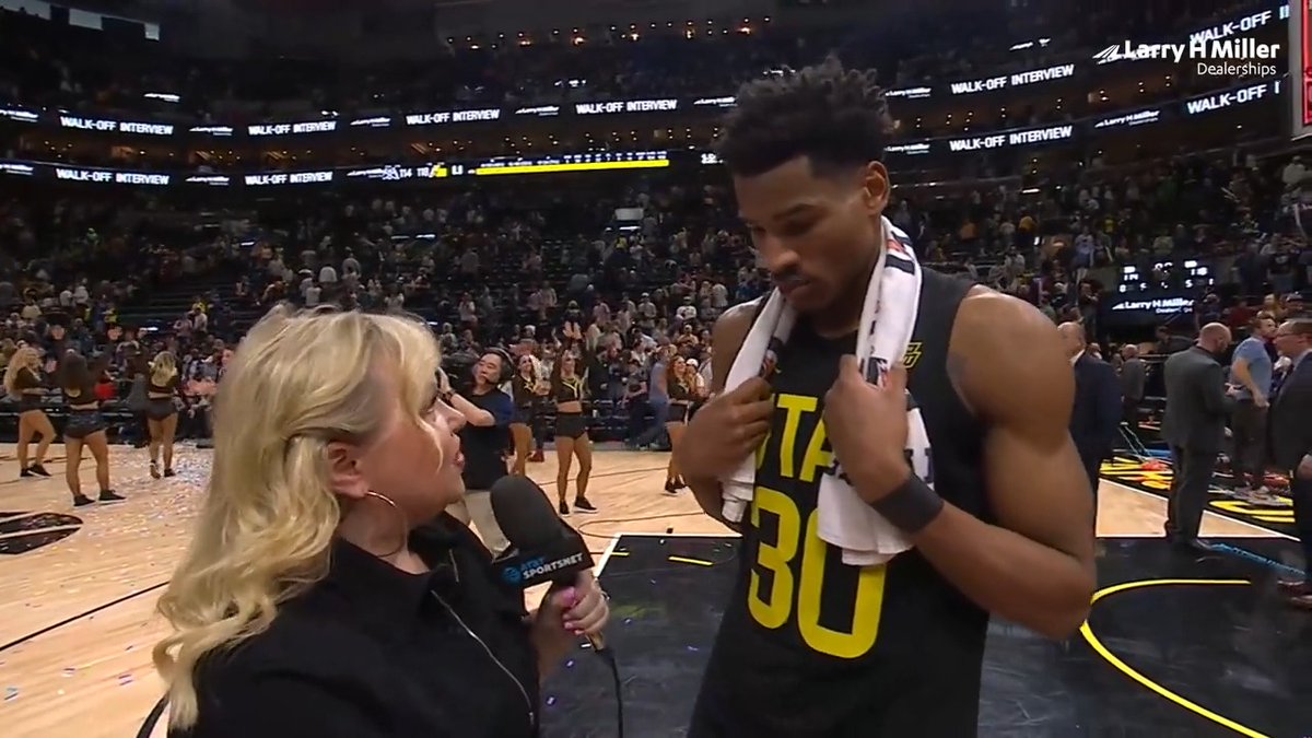 “It was really special. Special for the fans, special for us, special for everybody. I’m glad we got the win.” Ochai Agbaji gets the mic with Holly Rowe on a career-night for one last #WalkoffInterview at home 🎤 #TakeNote | Larry H. Miller Dealerships