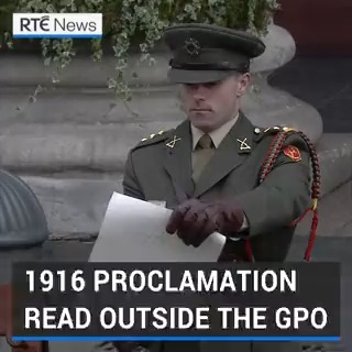 Captain Austin Doyle read the Irish Proclamation during the 107th anniversary of the 1916 Easter Rising outside the GPO on O'Connell St in Dublin |