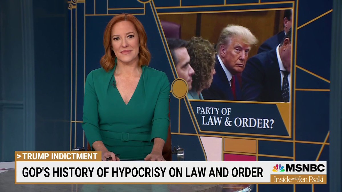 “If you worry about crime and want law enforcement to be fully funded and supported--the only place you should be directing your outrage for not doing more is MAGA Republicans, and their now-indicted leader.” Jen Psaki on GOP's claim of being the party of law & order