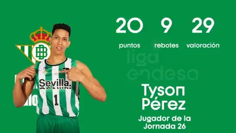 ✅ Llegar al @RealBetisBasket ✅ Firmar exhibición tras exhibición ✅ Convertirte en el Jugador de la Jornada 2⃣6⃣ ¿Qué es lo siguiente, Tyson Perez? 🙄 2⃣0⃣ puntos 9⃣ rebotes 2⃣9⃣ de valoración ... y victoria 😃 #LigaEndesa