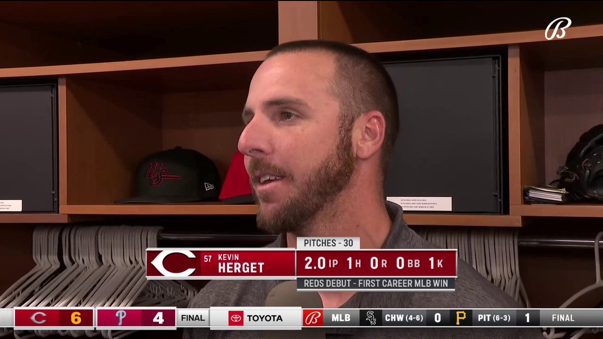 Reds' reliever Kevin Herget picks up his first major league win in his Cincinnati Reds debut!