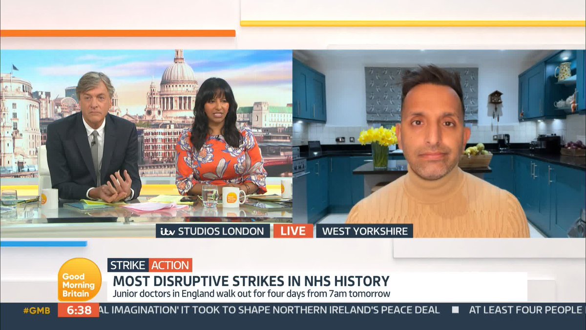 'For the most junior doctors, it is a difference between £14 an hour and £19 an hour.' Dr Amir Khan GP tells ranvir singh and Richard Madeley that junior doctors want pay restoration. He adds that Steve Barclay isn't coming forward with 'any credible offers'.
