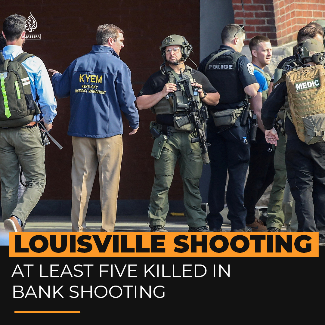 At least five people have been killed in a mass shooting at a bank in Louisville, Kentucky. US police say the suspected shooter is among the dead. ๐: