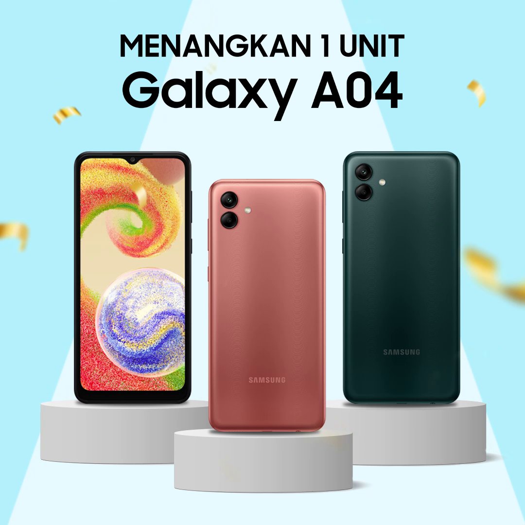 Siapa pengen #GalaxyA04? Merapat buat dapetin 1 unit Galaxy A04!🥳 RT &amp; reply tweet ini SEBANYAK-BANYAKNYA dengan ceritain momen Ramadan yang PASTI kalian lakuin di hari pertama punya Galaxy A04, ditunggu s/d 24 April pakai hashtag #GalaxyA04 #DayOnePilihYangPasti Good luck!😉