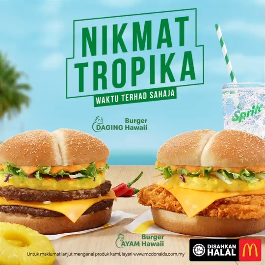 Kepingan ayam rangup atau daging digril empuk bersama nanas manis, sayuran segar dan sos istimewa memang memikat selera. Pesan Burger Hawaii Baharu untuk alami nikmat tropika!