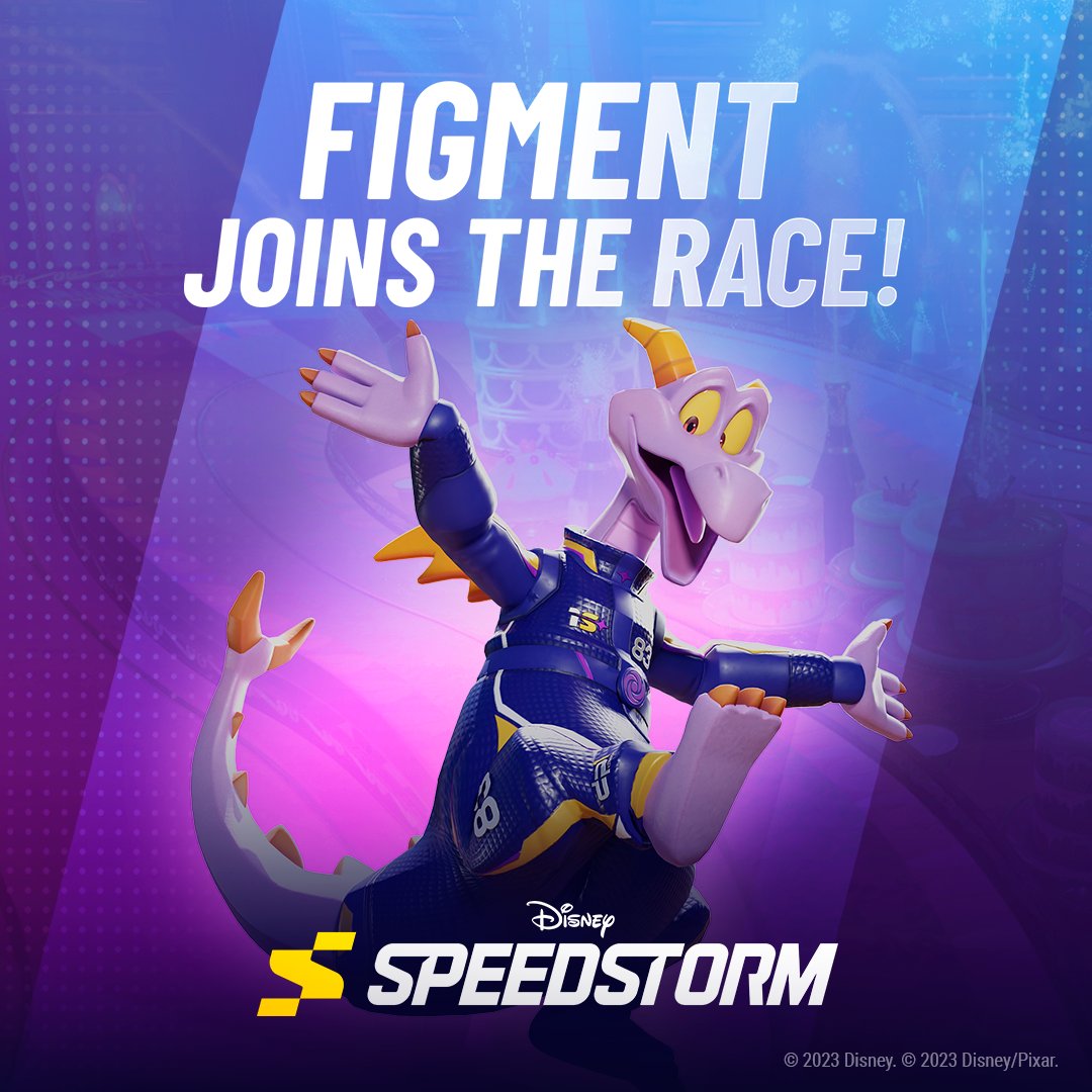 Up next at the Disney Speedstorm starting line is... Figment! With a spark of imagination, Figment is ready to race in Season 1! Thanks to everyone who helped unlock this reveal by reaching our first #CommunityChallenge wishlist goal!